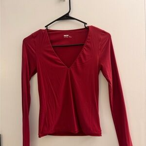 Aerie Deep Red Long Sleeve V-Neck Top